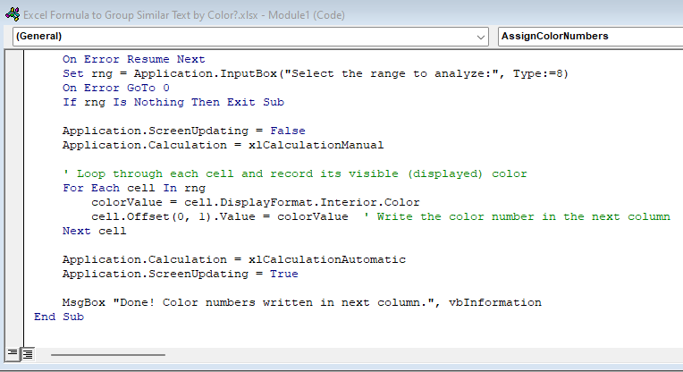 Customize Formula with VBA to Group Similar Texts by Color