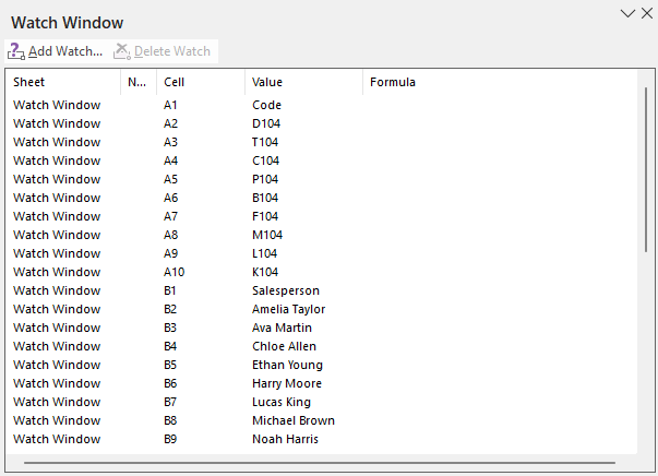 Create a Watch Window with Table Data