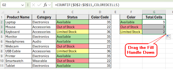 Count Colored Cells Using GET.CELL Function via Named Range