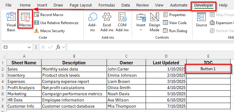 Use of Buttons to Create Table of Contents for Tabs