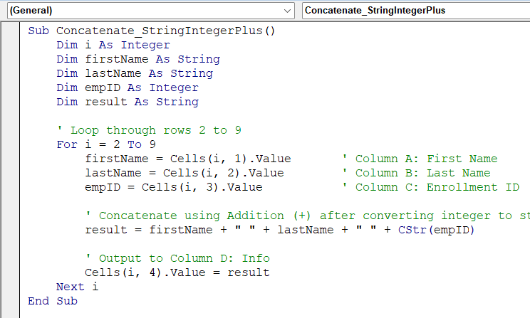 Concatenate String and Integer Using the Addition Operator in VBA
