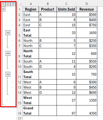 Using the SUBTOTAL Function to Group Rows Manually in Excel