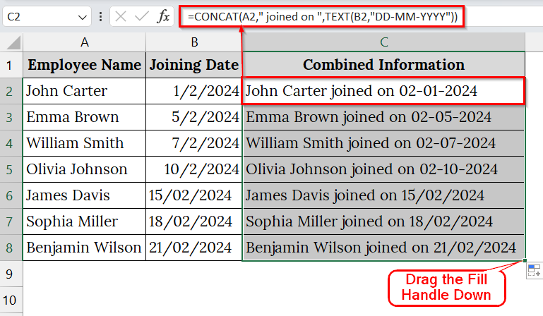 Using the CONCAT Function to Combine Date and Text in Excel