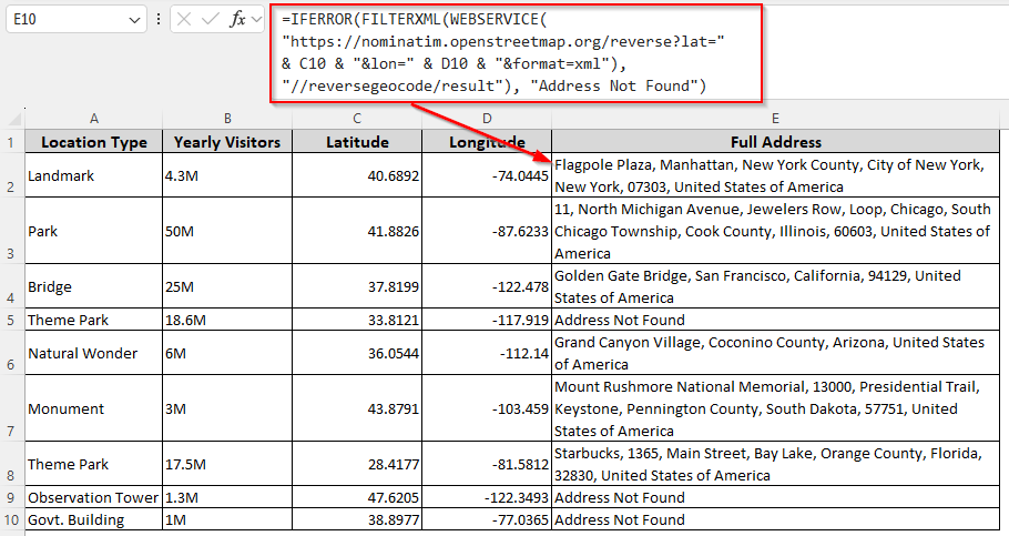 Performing Reverse Geocoding with a Native Excel Formula