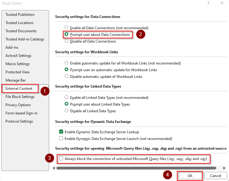 Remove External Content Restrictions from Security Settings