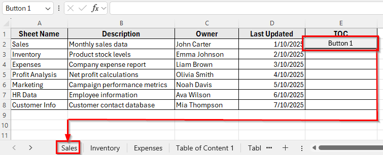 Use of Buttons to Create Table of Contents for Tabs