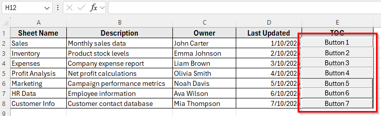 Use of Buttons to Create Table of Contents for Tabs