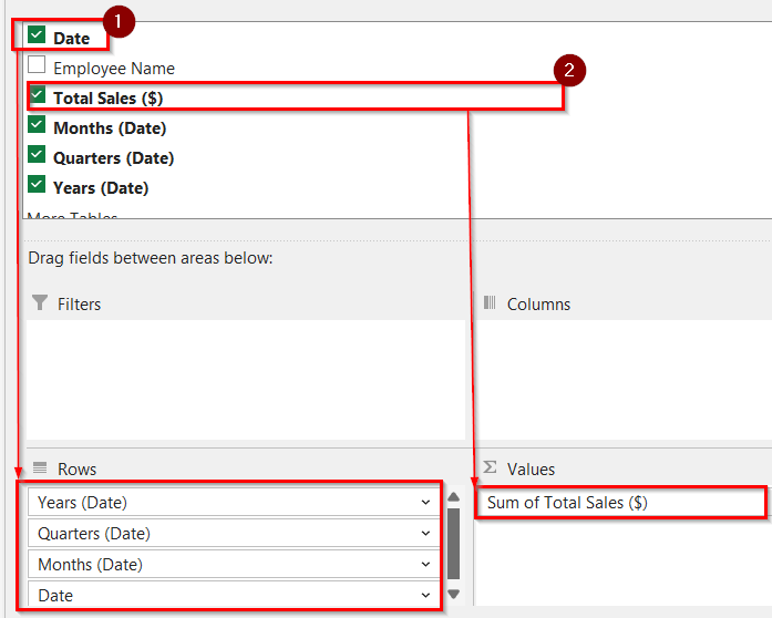 Using the PivotTable to Filter Dates by Month and Year