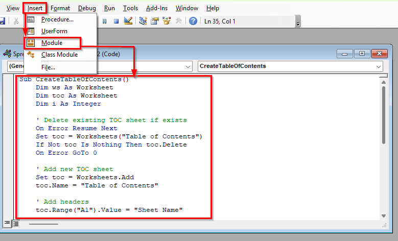 Applying Excel VBA Code to Create Table of Contents for Tabs