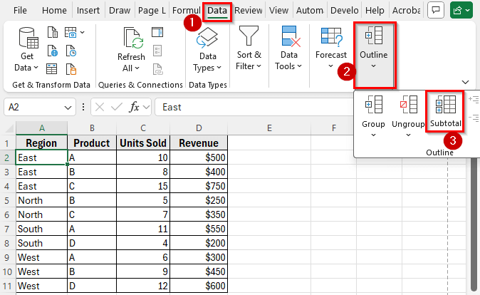 Creating Multi-Level Subtotals (Nested Subtotals) in Excel