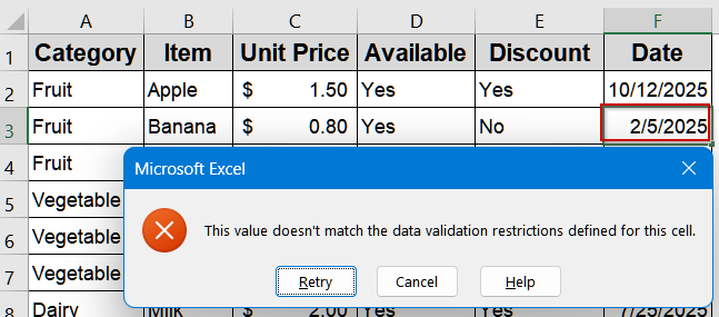 Apply Data Validation with IF Statement to Display Error Alert