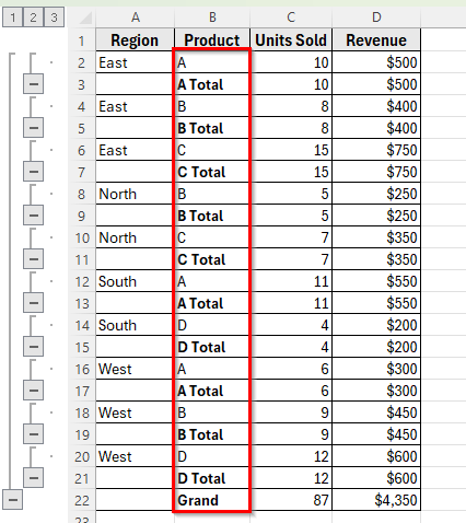 Creating Multi-Level Subtotals (Nested Subtotals) in Excel