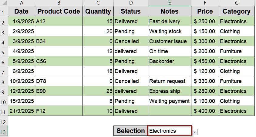 Use a Drop-Down Selection to Control Row Highlighting