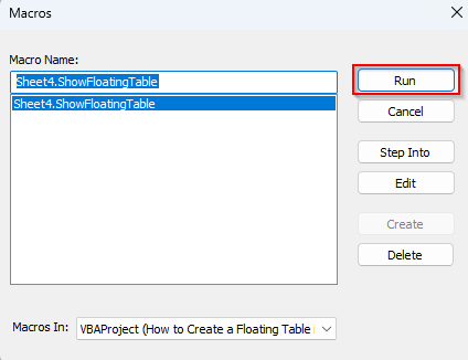 Create a Floating Table with VBA Macro