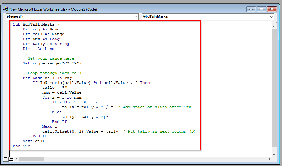 Add Tally Marks in Excel Using VBA Code