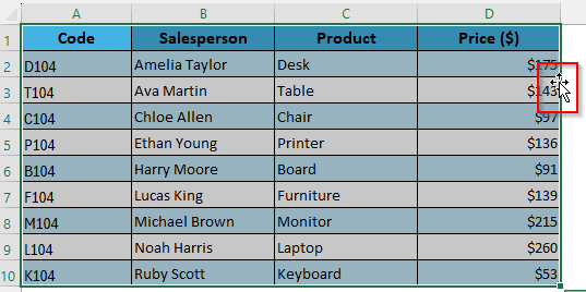 Move an Excel Table Using the Four-Sided Arrow on the Table Border