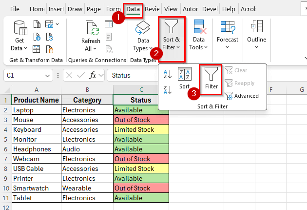 Count Colored Cells Using Filter and SUBTOTAL in Excel