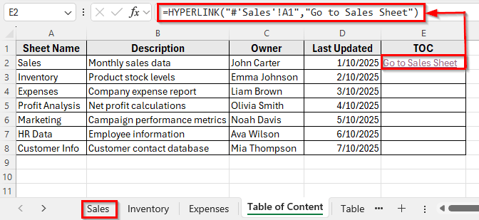 Using the HYPERLINK Function to Create a Table of Contents for Tabs in Excel