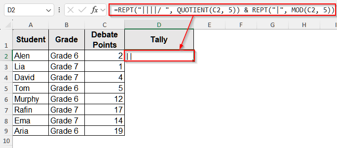Add Tally Marks in a Cell Using Excel Formula