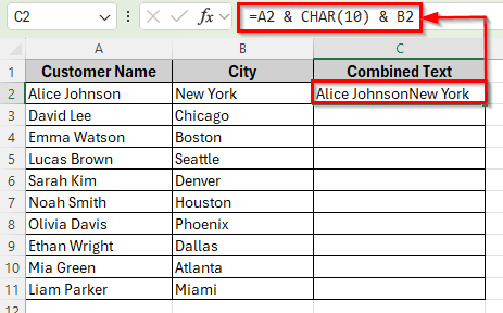 Using Ampersand and CHAR Function to Concatenate with a Line Break in Excel