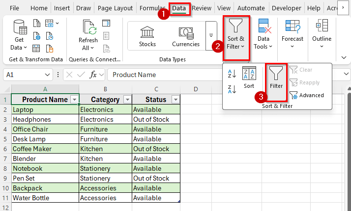 Removing Filter Drop-Down Arrows in Excel