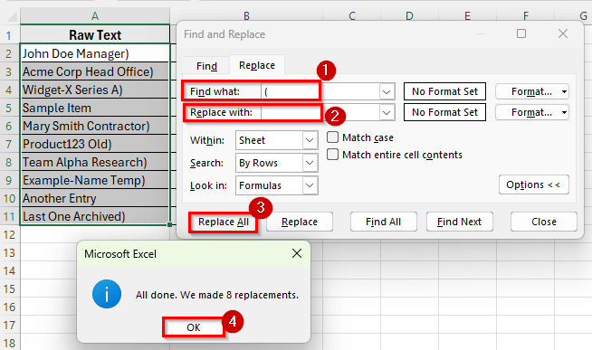 Using Find & Replace to Remove Parentheses in Excel