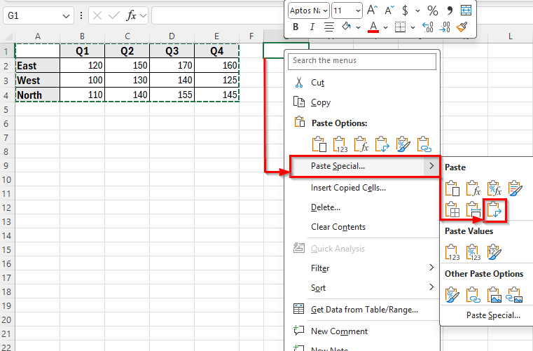 Using Paste Special to Transpose a Matrix in Excel