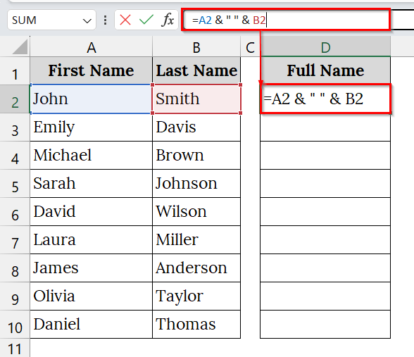 Using the Ampersand Operator to Merge Two Columns in Excel with a Space
