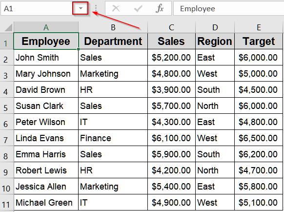 Jump to Named Ranges Using the Name Box Dropdown