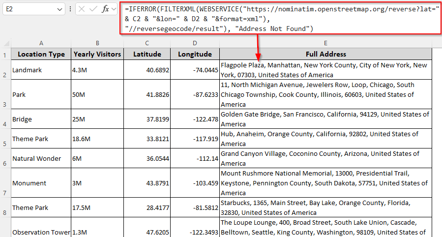 Performing Reverse Geocoding with a Native Excel Formula