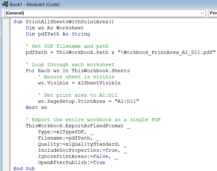 Apply VBA code to Set Print Area and Print All Worksheets