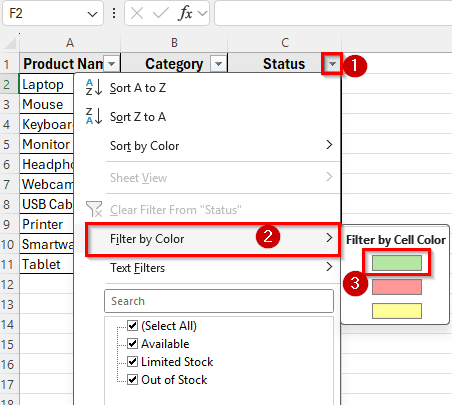 Count Colored Cells Using Filter and SUBTOTAL in Excel