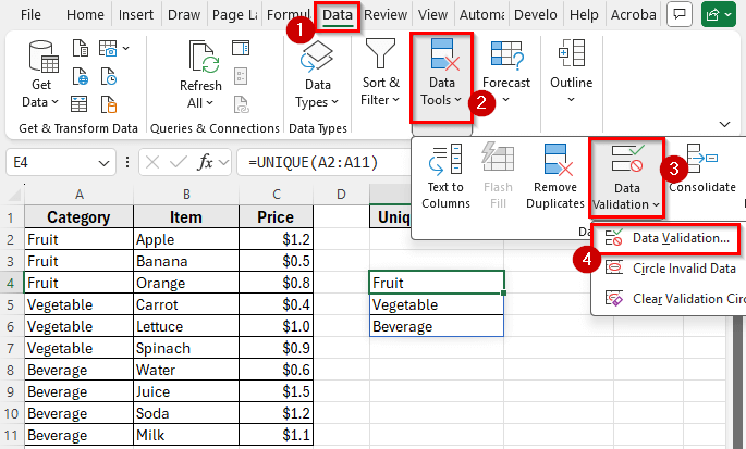 Create a Dynamic Drop-Down List Based on a Cell Value Using FILTER and UNIQUE
