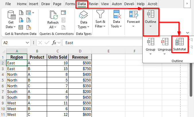 Using the Subtotal Feature to Group Rows and Add Subtotals in Excel