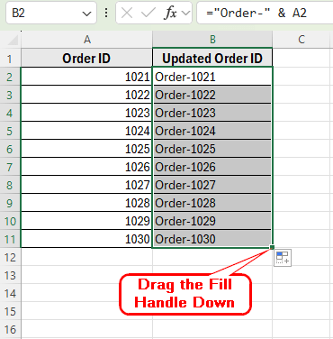 Using Ampersand (&) Operator to Add Text to Multiple Cells in Excel