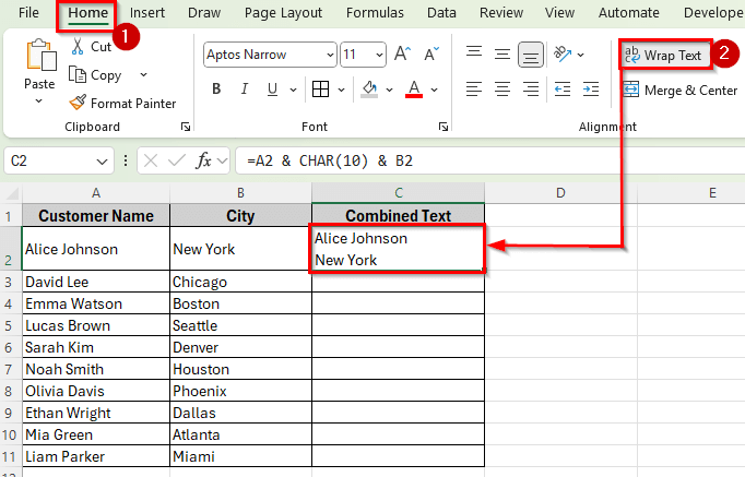 Using Ampersand and CHAR Function to Concatenate with a Line Break in Excel