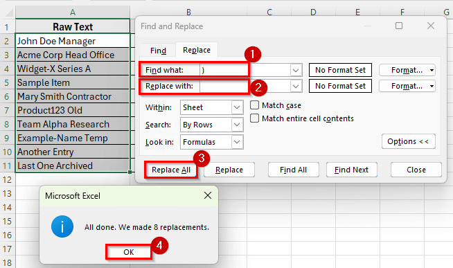 Using Find & Replace to Remove Parentheses in Excel
