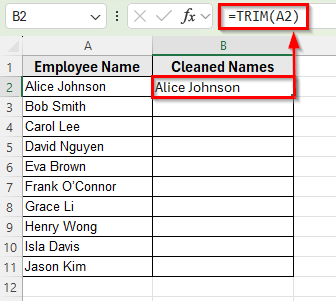 Using the TRIM Function to Remove Trailing Spaces in Excel