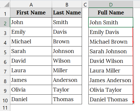 Using the Ampersand Operator to Merge Two Columns in Excel with a Space