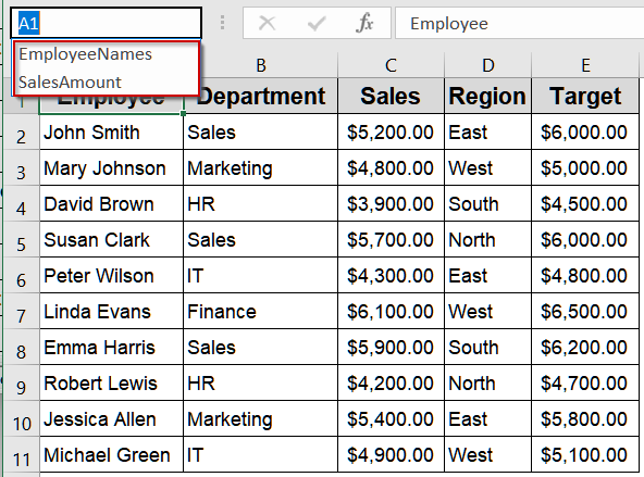 Jump to Named Ranges Using the Name Box Dropdown