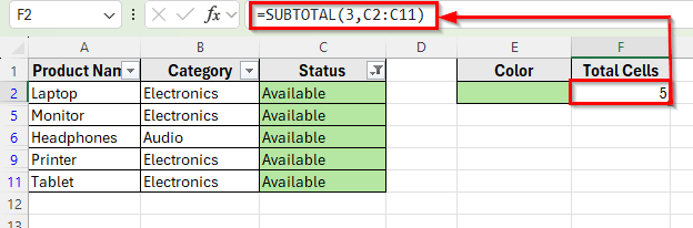 Count Colored Cells Using Filter and SUBTOTAL in Excel