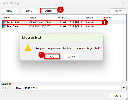 Using Name Manager to Delete Named Range in Excel
