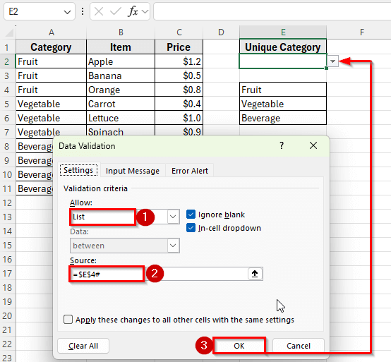 Create a Dynamic Drop-Down List Based on a Cell Value Using FILTER and UNIQUE