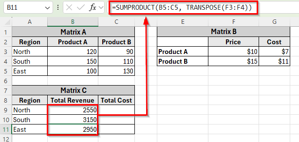 Using SUMPRODUCT and TRANSPOSE Functions as an Alternative