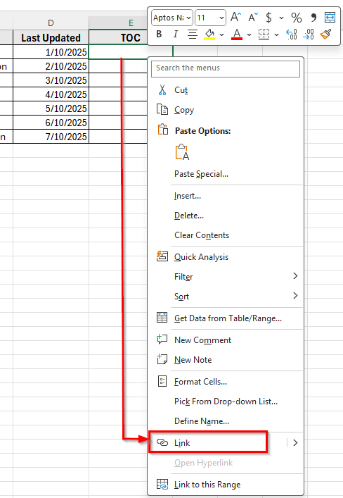 Using Context Menu to Create Table of Contents for Tabs in Excel