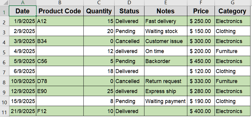 Insert a Simple Formula to Highlight Rows Containing Text