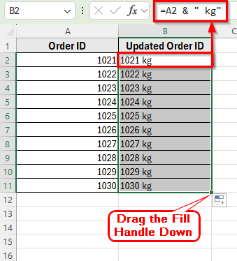 Using Ampersand (&) Operator to Add Text to Multiple Cells in Excel