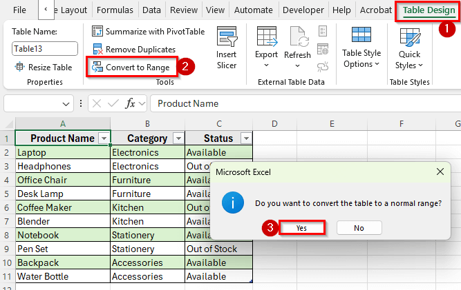 Removing Drop-Down Arrows in Excel Tables