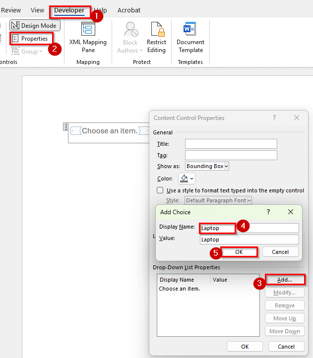 Using the Developer Tab to Create a Manual Drop-Down List in Word