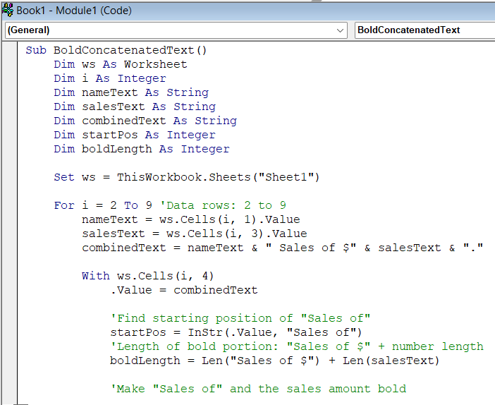 Applying a VBA Macro to Bold Specific Portions of Text in the Output of the Concatenate Formula